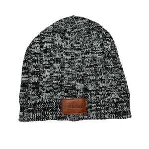 Gray knit beanie with leather patch on front